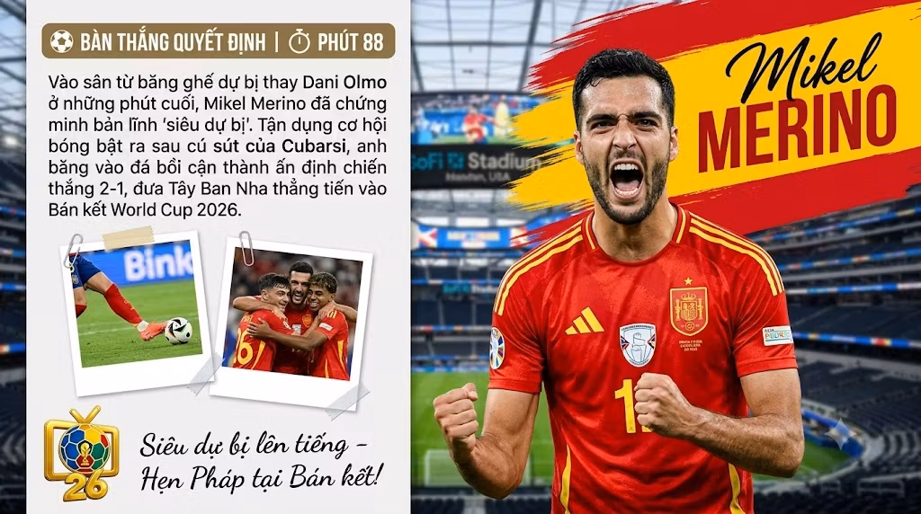 Mikel Merino ăn mừng đầy cảm xúc sau khi ghi bàn thắng quyết định ở phút 88, giúp Tây Ban Nha đánh bại Bỉ 2-1 tại tứ kết World Cup 2026.