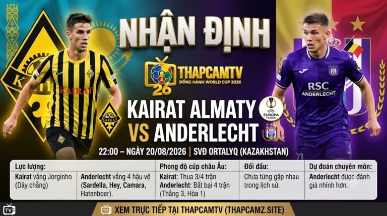 Hình ảnh nhận định trận đấu Kairat Almaty vs Anderlecht lúc 22h00 ngày 20/08 vòng play-off Europa League, phân tích lực lượng và phong độ từ chuyên gia ThapcamTV.