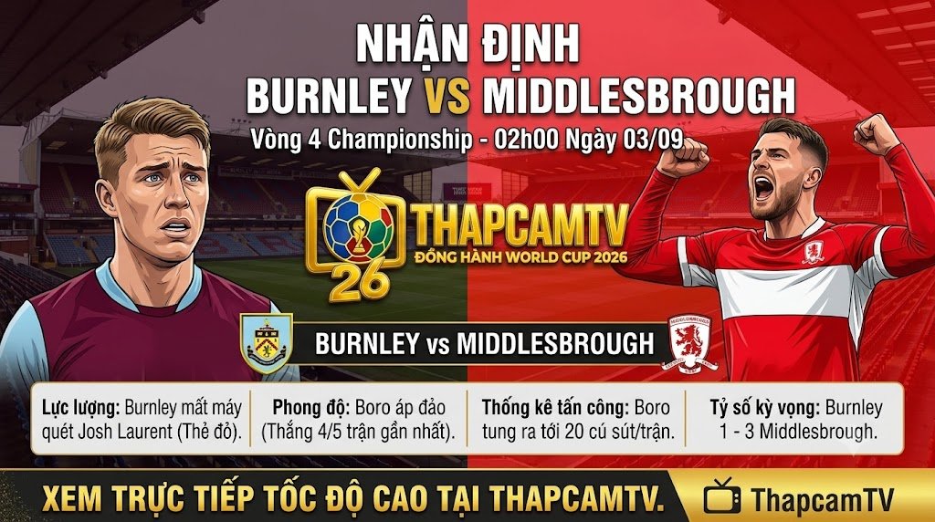 Hình ảnh nhận định bóng đá Burnley vs Middlesbrough vòng 4 Championship lúc 02h00 ngày 3/9, thống kê phong độ và thông tin lực lượng trên ThapcamTV.